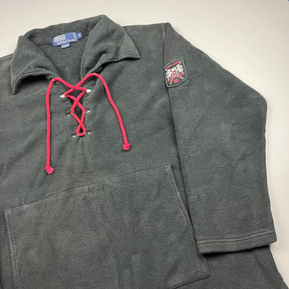 VTG Polo Ralph Lauren Rugby Fleece Pullover Mens M Grey Lace Up Crest Patch 90s